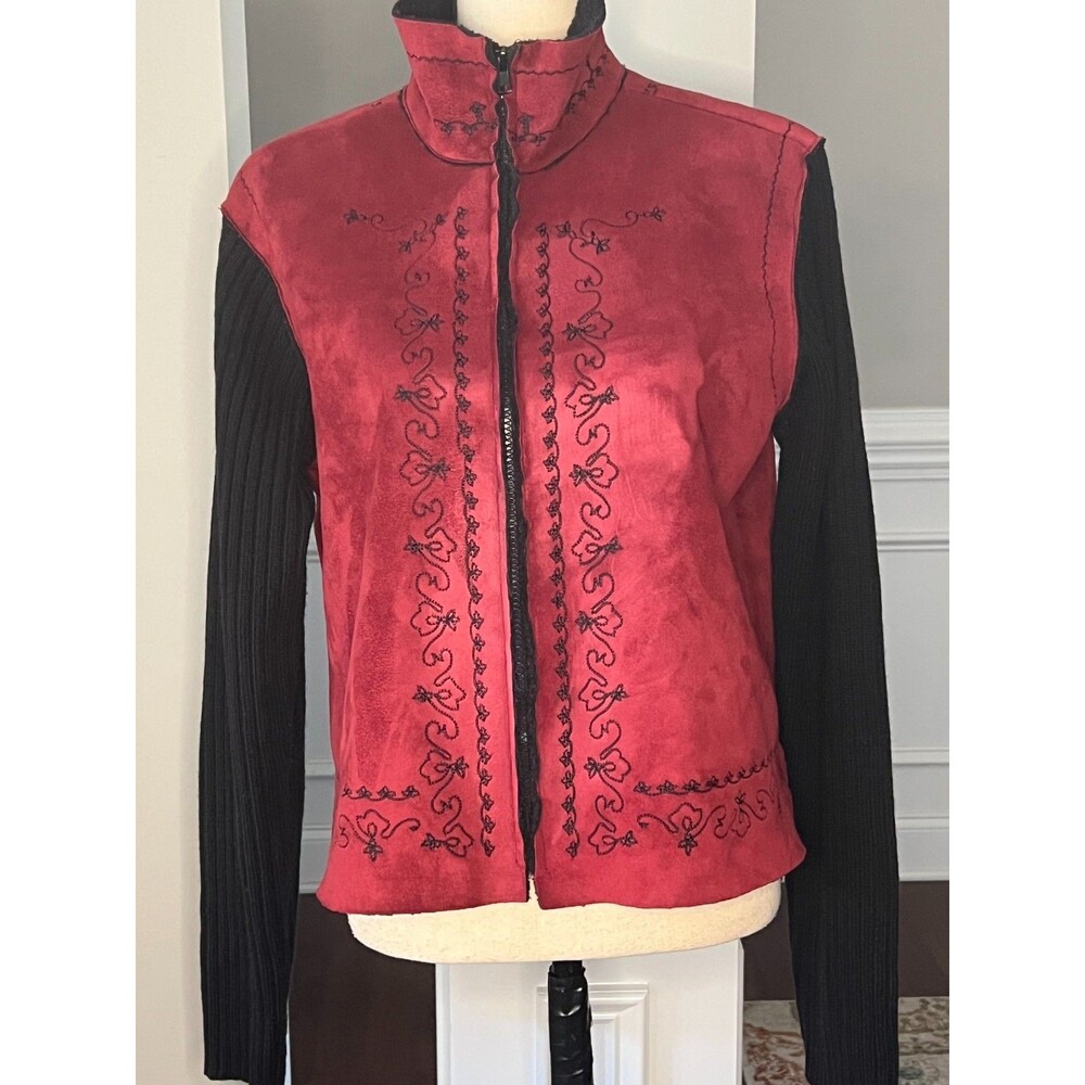 Coldwater Creek Women's M Burgundy& Black Faux Suede Fleece Lined Sweater Jacket